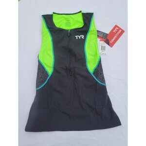 NWT Women's TYR Competitor Loose Fit Singlet Built-in Bra Black Green Size S